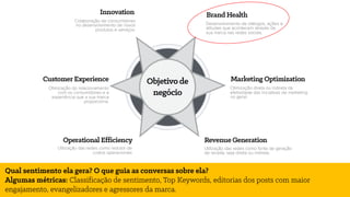 Qual sentimento ela gera? O que guia as conversas sobre ela?
Algumas métricas: Classificação de sentimento, Top Keywords, editorias dos posts com maior
engajamento, evangelizadores e agressores da marca.
 