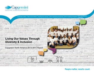 Living Our Values Through
Diversity & Inclusion
Capgemini North America 2013-2015 Report
Leadership Letters Key to Our Culture Charting Our Journey 2013: Developing Awareness 2014: Investing to Expand 
2015 and Beyond:
Integration
Home
 