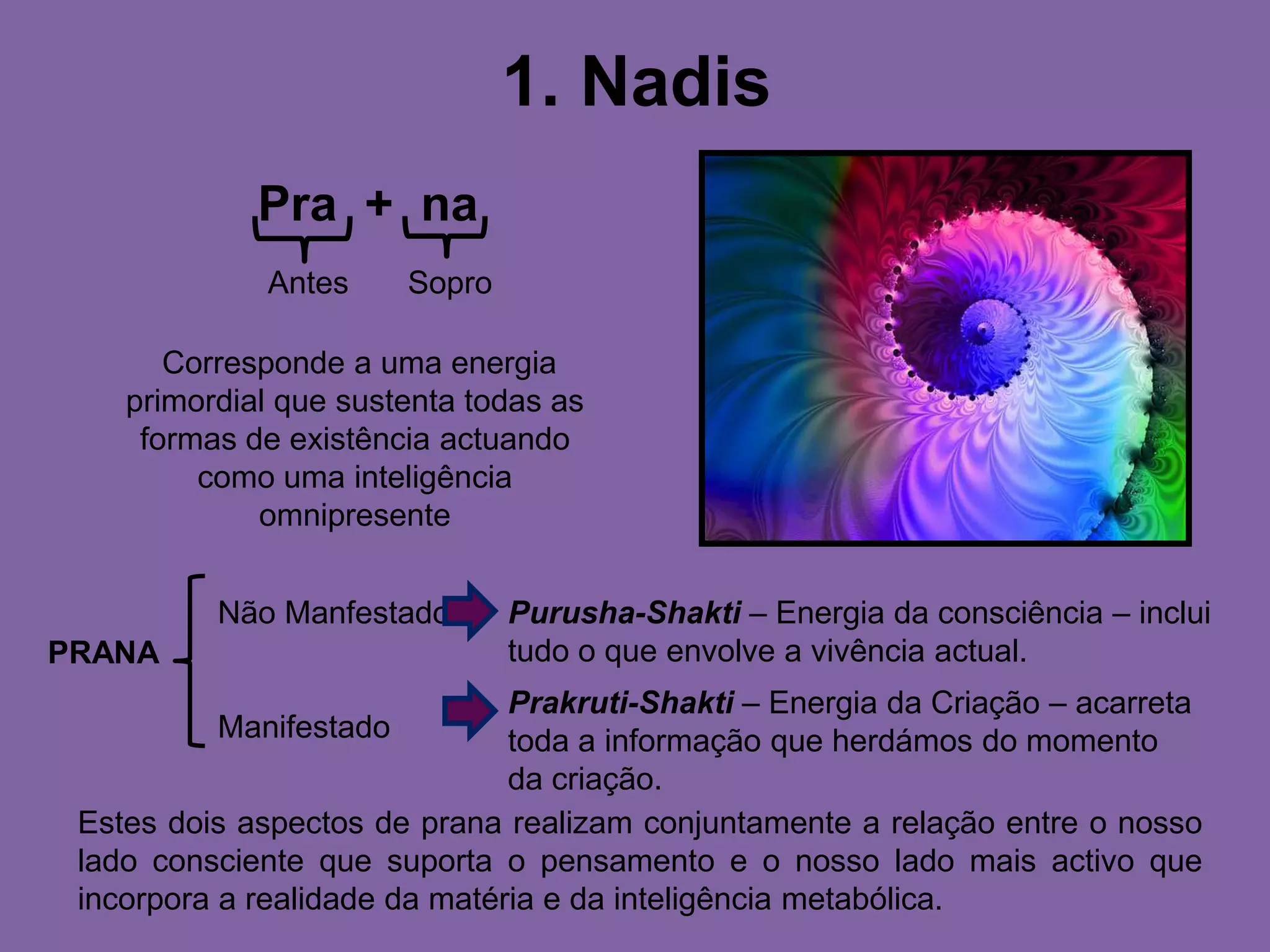 1. NadisPra  +  naAntesSopro Corresponde a uma energia primordial que sustenta todas as formas de existência actuando como uma inteligência omnipresenteNão ManfestadoManifestadoPurusha-Shakti – Energia da consciência – inclui tudo o que envolve a vivência actual.PRANAPrakruti-Shakti – Energia da Criação – acarreta toda a informação que herdámos do momento da criação.Estes dois aspectos de prana realizam conjuntamente a relação entre o nosso lado consciente que suporta o pensamento e o nosso lado mais activo que incorpora a realidade da matéria e da inteligência metabólica.