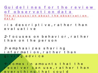 Gu i d e l i n e s f o r t h e r e v i e w
of obs e r v a t i on da t a
Th e d i s c u s s i o n a b o u t
d a t a :

t h e o b s e r v a t i o n

i s d e s c r i p t i v e , r a t h e r
e v a l u a t i v e
1.

t h a n

2. f o c u s e s o n b e h a v i o r , r a t h e r
t h a n o n t h e p e r s o n
3. e m p h a s i z e s s h a r i n g
i n f o r ma t i o n , r a t h e r t h a n
g i v i n g a d v i c e
4. c o m e s i n a m o u n t s t h a t t h e
r e c e i v e r c a n u s e , r a t h e r t h a n
e v e r y t h i n g t h a t c o u l d

 