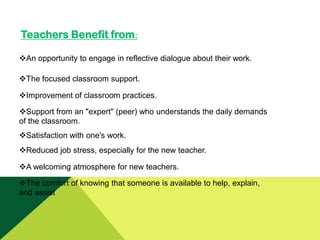 Teachers Benefit from:
An opportunity to engage in reflective dialogue about their work.
The focused classroom support.
Improvement of classroom practices.
Support from an "expert" (peer) who understands the daily demands
of the classroom.
Satisfaction with one's work.
Reduced job stress, especially for the new teacher.
A welcoming atmosphere for new teachers.
The comfort of knowing that someone is available to help, explain,
and assist

 