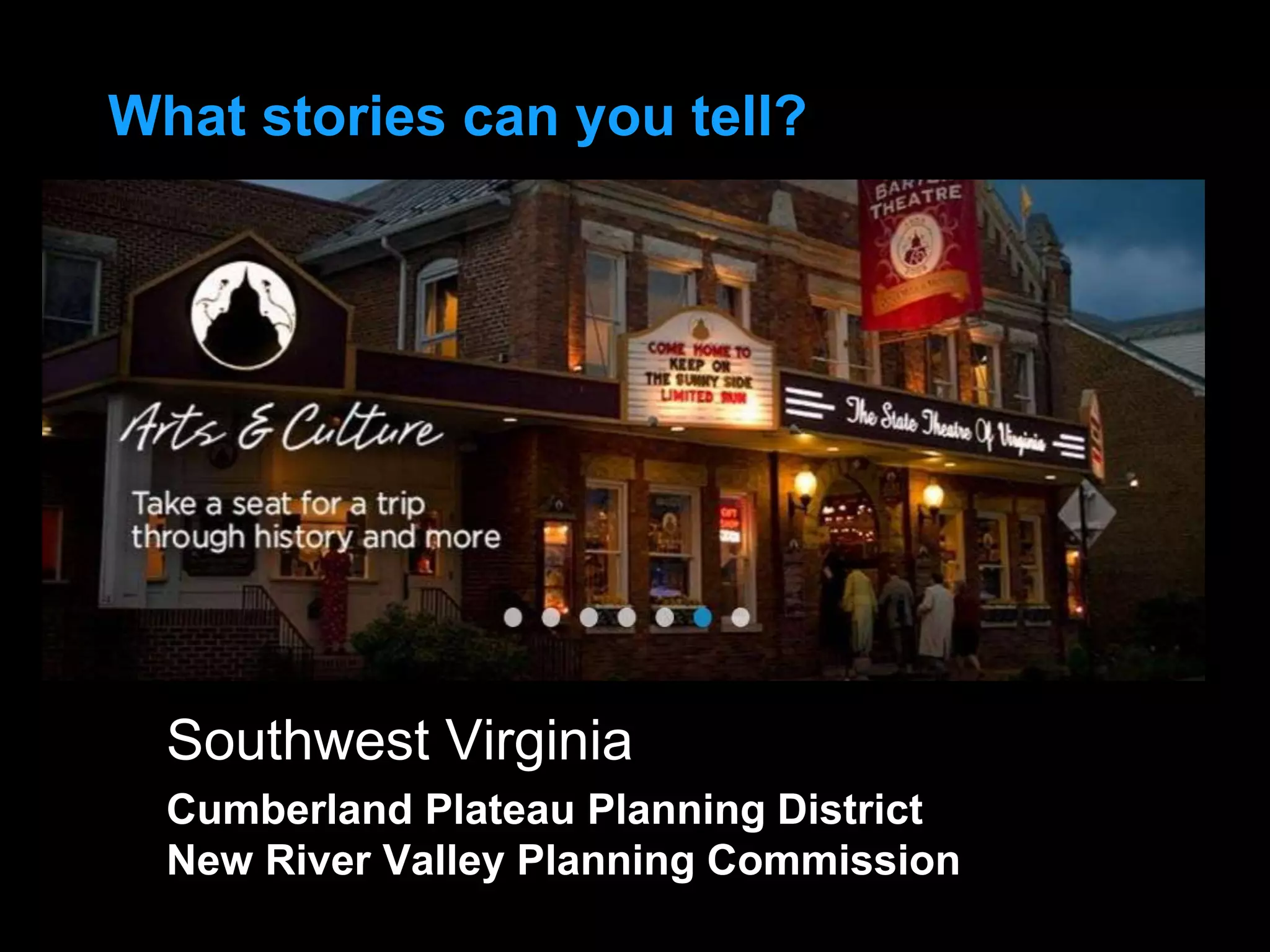 Southwest Virginia
Cumberland Plateau Planning District
New River Valley Planning Commission
What stories can you tell?
 