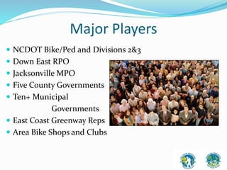 Major Players 
 NCDOT Bike/Ped and Divisions 2&3 
 Down East RPO 
 Jacksonville MPO 
 Five County Governments 
 Ten+ Municipal 
Governments 
 East Coast Greenway Reps 
 Area Bike Shops and Clubs 
 