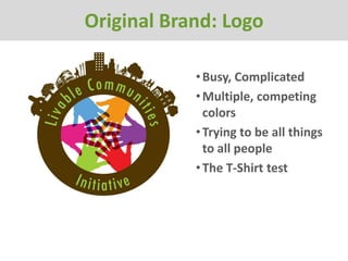 Original Brand: Logo

            • Busy, Complicated
            • Multiple, competing
              colors
            • Trying to be all things
              to all people
            • The T-Shirt test
 