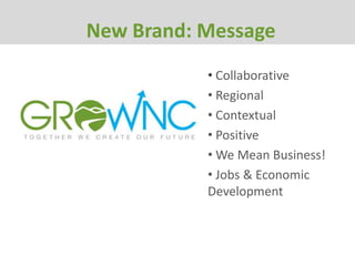 New Brand: Message
           • Collaborative
           • Regional
           • Contextual
           • Positive
           • We Mean Business!
           • Jobs & Economic
           Development
 