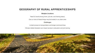 GEOGRAPHY OF RURAL APPRENTICESHIPS
Need to travel among home, job site, and training site(s)
One or more of these things m...