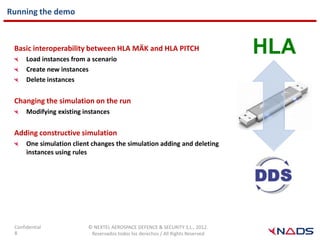 Running the demo



 Basic interoperability between HLA MÄK and HLA PITCH
      Load instances from a scenario
      Create new instances
      Delete instances


 Changing the simulation on the run
      Modifying existing instances


 Adding constructive simulation
      One simulation client changes the simulation adding and deleting
      instances using rules




 Confidential             © NEXTEL AEROSPACE DEFENCE & SECURITY S.L., 2012.
 8                         Reservados todos los derechos / All Rights Reserved
 