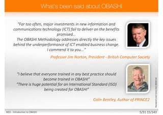 "Far too often, major investments in new information and
communications technology (ICT) fail to deliver on the benefits
promised...
The OBASHI Methodology addresses directly the key issues
behind the underperformance of ICT enabled business change.
I commend it to you..."
"I believe that everyone trained in any best practice should
become trained in OBASHI"
"There is huge potential for an International Standard (ISO)
being created for OBASHI"
Professor Jim Norton, President - British Computer Society
Colin Bentley, Author of PRINCE2
ReproducedunderlicencefromOBASHILtd.
M01 - Introduction to OBASHI 5/31 15/143
 