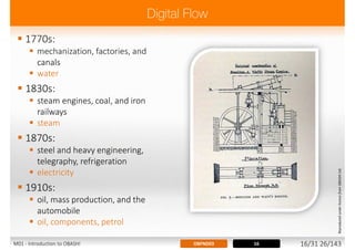  1770s:
 mechanization, factories, and
canals
 water
 1830s:
 steam engines, coal, and iron
railways
 steam
 1870s:
 steel and heavy engineering,
telegraphy, refrigeration
 electricity
 1910s:
 oil, mass production, and the
automobile
 oil, components, petrol
16OBFND03
ReproducedunderlicencefromOBASHILtd.
M01 - Introduction to OBASHI 16/31 26/143
 