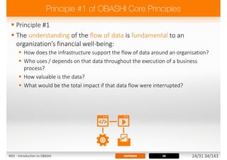  Principle #1
 The understanding of the flow of data is fundamental to an
organization’s financial well-being:
 How does the infrastructure support the flow of data around an organisation?
 Who uses / depends on that data throughout the execution of a business
process?
 How valuable is the data?
 What would be the total impact if that data flow were interrupted?
38OBFND04M01 - Introduction to OBASHI 24/31 34/143
 