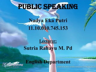 Nadya Eka Putri
11.10.010.745.153
Lecturer:
Sutria Rahayu M. Pd
English Department
Public Speaking
 