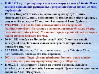 • 11.09.1927 – у Чорному морі стався землетрус силою у 9 балів. Ялта
зазнала найбільших руйнувань: матеріальні збитки склали 25 млн.
карбованців.
• 1985 – у Колумбії сталося виверження вулкану Руїс. Виник
гігантський сель, який, пройшовши 40 км, захопив місто Армеро, у
результаті – загинуло 22 тис. чол. і знищено 4,5 тис. будівель.
• 1914-1918 – під час Першої світової війни на австрійсько-
італійському фронті в Альпах в лавинах загинуло близько 60 тис.
солд. (більше, ніж у боях). У наш час середня річна кількість жертв
лавин складає близько 150 чол.
• 26.04.1986 – вибух на Чорнобильській АЕС. У момент аварії
загинув 31 чол. Загальна кількість жертв та потерпілих складає
понад 500 тис. чол.
• 7.12.1988 – Вірменія, Спітак стався землетрус у 7 балів – 25 тис.
чол. загинуло, близько 100 тис. поранено.
• 2001 – отруєння Тиси і Дунаю ціанідами. Концентрація ціаніду
перевищила граничну припустиму норму в 300 разів.
• 11.03.2011 – землетрус у 9 балів та цунамі в Японії, кількість
загиблих складає більш ніж 9 тисяч людей. Цунамі стало причиною
аварії на АЕС "Фукусима-1".
 