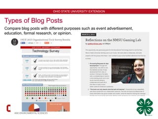 5
OHIO STATE UNIVERSITY EXTENSION
Types of Blog Posts
Compare blog posts with different purposes such as event advertisement,
education, formal research, or opinion.
 