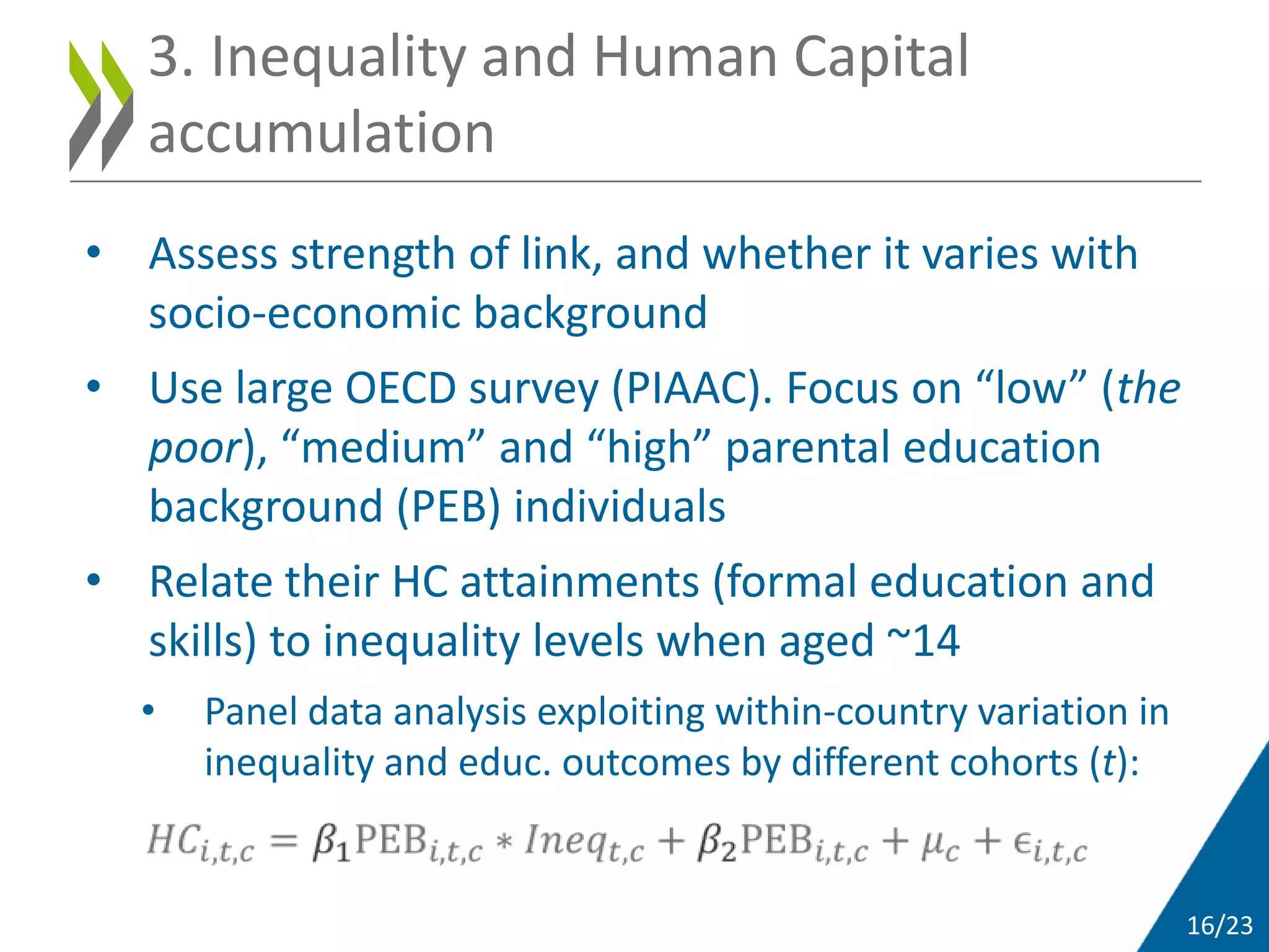 16/23
• Assess strength of link, and whether it varies with
socio-economic background
• Use large OECD survey (PIAAC). Focus on “low” (the
poor), “medium” and “high” parental education
background (PEB) individuals
• Relate their HC attainments (formal education and
skills) to inequality levels when aged ~14
• Panel data analysis exploiting within-country variation in
inequality and educ. outcomes by different cohorts (t):
3. Inequality and Human Capital
accumulation
 
