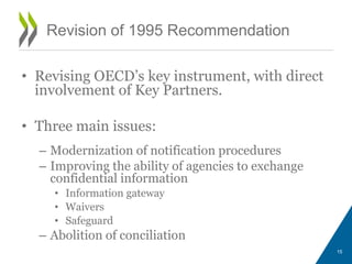 • Revising OECD’s key instrument, with direct
involvement of Key Partners.
• Three main issues:
– Modernization of notification procedures
– Improving the ability of agencies to exchange
confidential information
• Information gateway
• Waivers
• Safeguard
– Abolition of conciliation
Revision of 1995 Recommendation
15
 