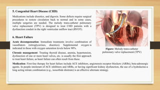 Chronic management: Treating thyroid disease, anemia, hypertension,
dysfunction of one or more heart valves, etc. is usually the first approach
to treat heart failure, as heart failure can often result from these.
5. Congenital Heart Disease (CHD)
Medications include diuretics, and digoxin. Some defects require surgical
procedures to restore circulation back to normal and in some cases,
multiple surgeries are needed. The melody trans-catheter pulmonary
valve replacement (TPV) is designed to treat CHD patients with a
dysfunction conduit in the right ventricular outflow tract (RVOT).
6. Heart Failure
Figure: Melody trans-catheter
pulmonary valve replacement (TPV)
Acute decompensation: Immediate treatments involve combination of
vasodilators (nitroglycerines, diuretics). Supplemental oxygen is
indicated in those with oxygen saturation levels below 90%.
Medication: First-line therapy for heart failure include ACE inhibitors, angiotensin receptor blockers (ARBs), beta-adrenergic
agents. In people intolerant of ACE inhibitors and ARBs, or having significant kidney dysfunction, the use of a hydralazine-a
long acting nitrate combination (e.g., isosorbide dinitrate) is an effective alternate strategy.
 