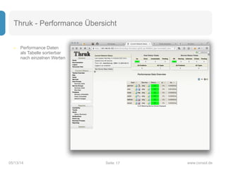 Seite05/13/14 www.consol.de
Thruk - Performance Übersicht
17
– Performance Daten 
als Tabelle sortierbar 
nach einzelnen Werten
 