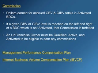 Commission
• Dollars earned for accrued GBV & GIBV totals in Activated
BDCs.
• If a given GBV or GIBV level is reached on the left and right
of a BDC which is not Activated, that Commission is forfeited
• An UnFranchise Owner must be Qualified, Active, and
Activated to be eligible to earn any commissions
Management Performance Compensation Plan
Internet Business Volume Compensation Plan (IBVCP)
 