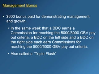 Management Bonus
• $600 bonus paid for demonstrating management
and growth.
• In the same week that a BDC earns a
Commission for reaching the 5000/5000 GBV pay
out criteria, a BDC on the left side and a BDC on
the right side each earn Commissions for
reaching the 5000/5000 GBV pay out criteria.
• Also called a “Triple Flush”
 
