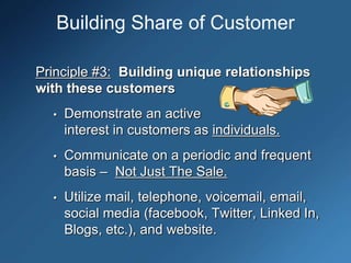 Principle #3: Building unique relationships
with these customers
• Demonstrate an active
interest in customers as individuals.
• Communicate on a periodic and frequent
basis – Not Just The Sale.
• Utilize mail, telephone, voicemail, email,
social media (facebook, Twitter, Linked In,
Blogs, etc.), and website.
Building Share of Customer
 
