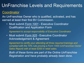 UnFranchise Levels and Requirements
Coordinator
An UnFranchise Owner who is qualified, activated, and has
earned at least their first BV Commission.
• Must submit Form 1001 - Executive Coordinator
Qualification and Application Form
Agreement to accept responsibility of Executive Coordinator
• Must submit Form 925 - Executive Coordinator
Acknowledgement & Agreement
Agreement to certify your attending all three required trainings and
complied with the 70% rule proving a Form 1000 (UnFranchise Owner
Sales Report) with at least $200 in retail sales.
Both of these forms are part of the Online UnFranchise
Registration and have probably already been done.
 