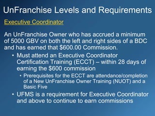 Executive Coordinator
An UnFranchise Owner who has accrued a minimum
of 5000 GBV on both the left and right sides of a BDC
and has earned that $600.00 Commission.
• Must attend an Executive Coordinator
Certification Training (ECCT) – within 28 days of
earning the $600 commission
• Prerequisites for the ECCT are attendance/completion
of a New UnFranchise Owner Training (NUOT) and a
Basic Five
• UFMS is a requirement for Executive Coordinator
and above to continue to earn commissions
UnFranchise Levels and Requirements
 