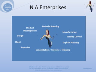 We make
Promotion
  a joy      NAEnterprises




            4279,Sector23A,NearITMUniversity,Gurgaon‐ 122017,Haryana,India
             Ph:+911244074347,Fax:+911244074347Mobile:+919910235579          Copyrights2011
                       Info@naenterprises.in.com,www.naenterprises.in
 