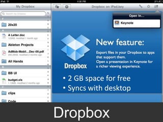 DropBox




        • 2 GB space for free
        • Syncs with desktop


DropBox iPad Interface
      Dropbox
 
