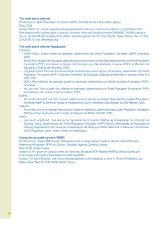 The world starts with me!
     Produzido por: World Population Foundation (WPF), Butterky Works e SchoolNet Uganda
     Data: 2003
     Acesso: Parte do currículo está disponível gratuitamente online em: www.theworldstarts.org/start/begin.html
     Para maiores informações sobre o currículo, consulte: www.wpf.org/documenten/20060809_WSWM_handout.
     doc ou contate World Population Foundation, Vinkenburgstraat 2A, 3512 AB Utrecht, Países Baixos. Tel: +31 (30)
     239 38 88. E-mail: ofjce@wpf.org.

     The world starts with me! Adaptações
     Indonésia:
     – DAKU! Para o ensino médio na Indonésia, desenvolvido por World Population Foundation (WPF), Indonésia,
          2006.
     – MAJU! Para escolas de educação especial para jovens surdos na Indonésia, desenvolvido por World Population
          Foundation (WPF), Indonésia e a Direção de Educação para Necessidades Especiais (DSE) do Ministério de
          Educação e Cultura da Indonésia, 2008.
     – Langhka Pastiku! Para escolas de educação especial para jovens cegos na Indonésia, desenvolvido por World
          Population Foundation (WPF), Indonésia, Ministério de Educação Especial da Indonésia e Yayasan Pelita Ilmu
          (YPI), 2008.
     – SERU! Para institutos de detenção juvenil na Indonésia, desenvolvido por World Population Foundation (WPF),
          Indonésia.
     – You and me. Para o jardim de infância na Indonésia, desenvolvido por World Population Foundation (WFP),
          Indonésia e a Bernard van Leer Foundation, 2007.
     Quênia:
     – The world starts with me! Para o ensino médio e jovens carentes no Quênia, desenvolvido por World Population
          Foundation (WFP), Centre for Study of Adolescence (CSA) e NairoBits Digital Design School, Nairobi, 2006.
     Tailândia:
     – The world turns by my hands! Para o ensino médio em Bangkok, desenvolvido por World Population Foundation
          (WFP) e a Associação para a Promoção da Situação da Mulher (APSW), 2007.
     Vietnã:
     – Journey to adulthood. Para alunos da Faculdade de Formação Didática da Universidade de Educação de
          Danang. Vietnã, desenvolvido por World Population Foundation (WFP) Vietnã, Universidade de Educação de
          Danang, Departamento de Educação e Capacitação de Danang e Instituto Nacional de Ciências Educacionais,
          2009. (Adaptação para o ensino médio em elaboração.)

     Young men as equal partners (YMEP)
     Produzido por: Projeto YMEP (uma colaboração entre as Associações membros da International Planned
     Parenthood Federation (IPPF) do Quênia, Tanzânia, Uganda, Zâmbia e Suécia
     Data: 2008, edição revista
     Acesso: O livro pode ser baixado online de: www.rfsu.se/upload/PDF-Material/YMEPguidebookapril08.pdf
     (É necessário o programa Free Adobe Acrobat Reader®.)
     Acesso: To order the books, visit www.phoenixpublishers.co.ke/order.php or write to Phoenix Publishers Ltd.,
     Kijabe Street, Nairobi, POB 18650-00500, Kenya.




56
 