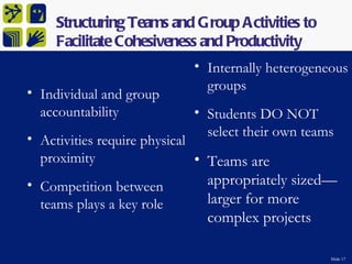 Structuring Teams and Group Activities to
     Facilitate Cohesiveness and Productivity
                            • Internally heterogeneous
• Individual and group        groups
  accountability            • Students DO NOT
• Activities require physical select their own teams
  proximity                   • Teams are
• Competition between         appropriately sized—
  teams plays a key role      larger for more
                              complex projects

                                                   Slide 17
 
