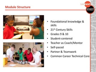 Module Structure
• Foundational knowledge &
skills
• 21st Century Skills
• Grades 9 & 10
• Student-centered
• Teacher as Coach/Mentor
• Self-paced
• Partner & Teamwork
• Common Career Technical Core
 