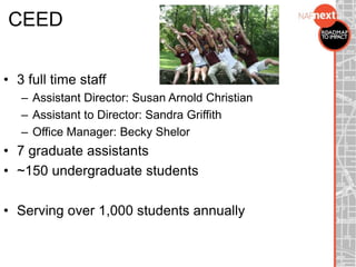 CEED
• 3 full time staff
– Assistant Director: Susan Arnold Christian
– Assistant to Director: Sandra Griffith
– Office Manager: Becky Shelor
• 7 graduate assistants
• ~150 undergraduate students
• Serving over 1,000 students annually
 
