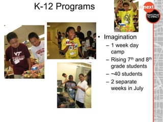 K-12 Programs
• Imagination
– 1 week day
camp
– Rising 7th and 8th
grade students
– ~40 students
– 2 separate
weeks in July
 