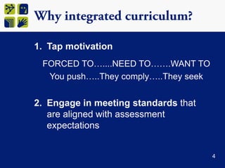 Why integrated curriculum?Tap motivationFORCED TO…....NEED TO…….WANT TO	   You push…..They comply…..They seekEngage in meeting standards that are aligned with assessment expectations4