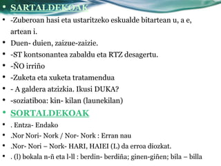 •   SARTALDEKOAK
• -Zuberoan hasi eta ustaritzeko eskualde bitartean u, a e,
    artean i.
•   Duen- duien, zaizue-zaizie.
•   -ST kontsonantea zabaldu eta RTZ desagertu.
•   -ÑO irriño
•   -Zuketa eta xuketa tratamendua
•   - A galdera atzizkia. Ikusi DUKA?
•   -soziatiboa: kin- kilan (launekilan)
•   SORTALDEKOAK
•   . Entza- Endako
•   .Nor Nori- Nork / Nor- Nork : Erran nau
•   .Nor- Nori – Nork- HARI, HAIEI (L) da erroa diozkat.
•   . (l) bokala n-ñ eta l-ll : berdin- berdiña; ginen-giñen; bila – billa
 