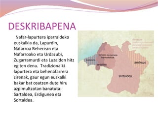DESKRIBAPENA
  Nafar-lapurtera iparraldeko
 euskalkia da, Lapurdin,
 Nafarroa Beherean eta
 Nafarroako eta Urdazubi,
 Zugarramurdi eta Luzaiden hitz
 egiten dena. Tradizionalki
 lapurtera eta behenafarrera
 zirenak, gaur egun euskalki
 bakar bat osatzen dute hiru
 azpimultzotan banatuta:
 Sartaldea, Erdigunea eta
 Sortaldea.
 