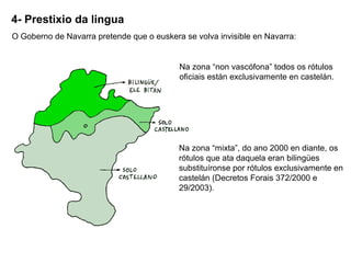 4- Prestixio da lingua
O Goberno de Navarra pretende que o euskera se volva invisible en Navarra:

Na zona “non vascófona” todos os rótulos
oficiais están exclusivamente en castelán.

Na zona “mixta”, do ano 2000 en diante, os
rótulos que ata daquela eran bilingües
substituíronse por rótulos exclusivamente en
castelán (Decretos Forais 372/2000 e
29/2003).

 