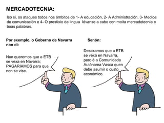 MERCADOTECNIA:
Iso si, os ataques todos nos ámbitos de 1- A educación, 2- A Administración, 3- Medios
de comunicación e 4- O prestixio da lingua lévanse a cabo con moita mercadotecnia e
boas palabras.
Por exemplo, o Goberno de Navarra
non di:
Non queremos que a ETB
se vexa en Navarra;
PAGARIAMOS para que
non se vise.

Senón:
Desexamos que a ETB
se vexa en Navarra,
pero é a Comunidade
Autónoma Vasca quen
debe asumir o custo
económico.

 