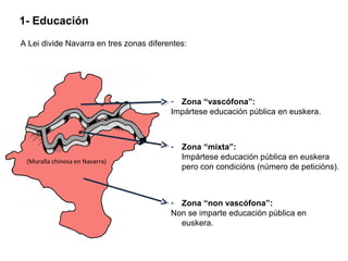 1- Educación
A Lei divide Navarra en tres zonas diferentes:

- Zona “vascófona”:
Impártese educación pública en euskera.

(Muralla chinesa en Navarra)

- Zona “mixta”:
Impártese educación pública en euskera
pero con condicións (número de peticións).

- Zona “non vascófona”:
Non se imparte educación pública en
euskera.

 