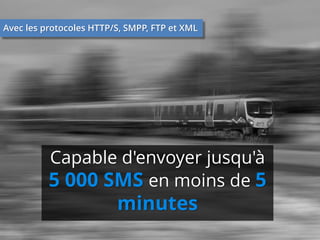Avec les protocoles HTTP/S, SMPP, FTP et XML

Capable d'envoyer jusqu'à
5 000 SMS en moins de 5

minutes

 