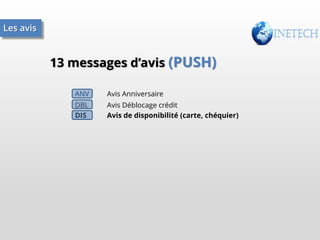 Les avis

13 messages d’avis (PUSH)
ANV

Avis Anniversaire

DBL
DIS

Avis Déblocage crédit
Avis de disponibilité (carte, chéquier)

 