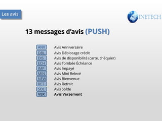Les avis

13 messages d’avis (PUSH)
ANV

Avis Anniversaire

DBL
DIS
ECH
IMP
MIN
NEW
RET
SOL
VER

Avis Déblocage crédit
Avis de disponibilité (carte, chéquier)
Avis Tombée Échéance
Avis Impayé
Avis Mini Relevé
Avis Bienvenue
Avis Retrait
Avis Solde
Avis Versement

 