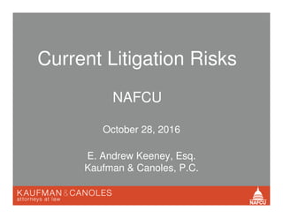 Current Litigation Risks
NAFCU
October 28, 2016
E. Andrew Keeney, Esq.
Kaufman & Canoles, P.C.
 