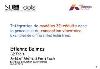 1
Intégration de modèles 3D réduits dans
le processus de conception vibratoire.
Exemples de différentes industries.
Etienne Balmes
SDTools
Arts et Métiers ParisTech
NAFEMS Simulation des systèmes
3 Juin 2015
 