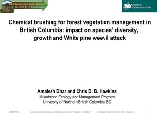 Chemical brushing for forest vegetation management in
   British Columbia: impact on species’ diversity,
         growth and White pine weevil attack




                Amalesh Dhar and Chris D. B. Hawkins
                  Mixedwood Ecology and Management Program
                    University of Northern British Columbia, BC

04/09/13   Mixedwood Ecology and Management Program (UNBC) |   Amalesh Dhar & Chris D.B. Hawkins   1
 