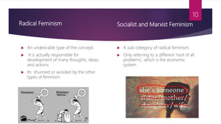 Radical Feminism
 An undesirable type of the concept.
 It is actually responsible for
development of many thoughts, ideas,
and actions
 Its shunned or avoided by the other
types of feminism.
Socialist and Marxist Feminism
 A sub-category of radical feminism.
 Only referring to a different 'root of all
problems', which is the economic
system.
10
 