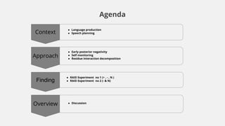 Agenda
● Language production
● Speech planningContext
● Early posterior negativity
● Self monitoring
● Residue interaction decomposition
Approach
● RAID Experiment no 1 (+ , - , N )
● RAID Experiment no 2 (- & N)Finding
● Discussion
Overview
 
