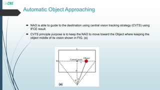 Automatic Object Approaching
 NAO is able to guide to the destination using central vision tracking strategy (CVTS) using
IFCE result.
 CVTS principle purpose is to keep the NAO to move toward the Object where keeping the
object middle of its vision shown in FIG. (a)
(a)
 
