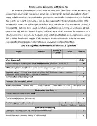 Smaller Learning Communities and Data in a Day<br />The University of Miami Education and Evaluation Team (UMEET) researchers utilized a Data-in-a-Day approach to observe multiple classrooms in a single day, combining short classroom observations, a faculty survey, and a fifteen minute structured student questionnaire, with time for students’ unstructured feedback.  Data-in-a-Day is a research tool developed with the dual purposes of involving multiple stakeholders in the self-evaluation process, and facilitating critical dialogue about strategies for school improvement (Ginsberg & Kimball, 2008).    Data-in-a-Day is a quick and efficient way of collecting, analyzing, and synthesizing a broad spectrum of data (Laboratory Network Program, 2000) that can be utilized to evaluate the implementation of educational reforms in large schools.  It provides timely and effective feedback as schools attempt to improve their practices  (Fleischman & Heppen, 2009). Faculty and administrators at each of the site visits were encouraged to conduct classrooms observations and survey students alongside our team. <br />Data in a Day: Classroom Observation Checklist & Questions<br />SubjectAcademyNumber of StudentsGradeObserver <br />What do you see?.CircleStudents wearing or displaying their NAF academy affiliation.  (Polo shirts, Scrubs, etc.)  Y         NoNAF Academy information (Academy name, internship information, job postings)  Y         NClassroom Identity – is it clear what course this is?  (e.g. Early Childhood a children’s classroom, Engineering with draft tools, History – pictures of presidents)  Y         NExamples of Student work displayed?  Y         NClassroom rules negotiated? posted?  Y         NRoom ConfigurationDesks in RowsDesks/Chairs CircleDesks/Chairs – U ShapeSmall group workWhat are teachers doing . . .Teachers refer to students by their names?  Y         NTeacher is moving around the classroom  Y         NTeacher engages a variety of students 1 – 2Students3 - 4Students5 or more StudentsWhat are students doing...Listening to a lecture (Teacher led, some questions and answers)  Y         NIndividualized work  (Reading, working on the computer)  Y         NSmall group instruction  (Desks pulled together, math problem on board)  Y         NWorking on a project  (Looks like small group  - ask what are the students doing)  Y         NMaking presentations  Y         NHaving ongoing dialogue with the teacher and classmates  (A discussion, not fact based questions)  Y         N<br />,[object Object],Concerns-Based Adoption Model (CBAM)<br />Levels of Use of an Innovation<br />Instructions:   <br />Please read each description related to adoption of Smaller Learning Communities. Choose the ONE description that BEST fits where you are in the adoption of Smaller Learning communities. Only aggregated data will be reported. <br />I have little or no knowledge of Smaller Learning Communities in education, no involvement with it, and have not approached, or been approached by, anyone about becoming involved.I am seeking or acquiring information about Smaller Learning Communities in education.I am preparing for my first participation in Smaller Learning Communities at my school.I focus most effort on the short-term, day-to-day participation in Smaller Learning Communities with little time for reflection. My effort is primarily directed toward mastering tasks required to participate in the Smaller Learning Community process.I feel comfortable participating in the Smaller Learning Community process. However, I think I could put forth more effort and thought to improve the Smaller Learning Community process or its consequences.I vary my participation in Smaller Learning Communities to increase the expected benefits within the classroom. I am working on participating in Smaller Learning Communities to maximize the benefits for my students.I am combining my own efforts with related activities of other teachers and colleagues to achieve impact in the classroom.I reevaluate the quality of participation in Smaller Learning Communities, seek major modifications of, or alternatives to, present innovation to achieve increased impact, examine new developments in the field, and explore new goals for myself and my school or district.<br />Griffin, D. and Christensen, R. (1999). Concerns-Based Adoption Model (CBAM) Levels of Use of an Innovation (CBAM-LOU). Denton, Texas: Institute for the Integration of Technology into Teaching and Learning.<br />School: _________Grade level(s): __  Subject:__________Academy affiliation: ________________________Briefly describe your level of involvement in the SLC reform process at this school.What is your academy that you are affiliated with?  What role do you play in that academy?What information or professional development do you need to improve you involvement in your identified academy?Briefly describe your school's environment (i.e., safety, cleanliness, morale, enforcement of rules).2/2/2010<br />Smaller Learning Communities and Photolanguage<br />Photolanguage is a method that utilizes a collection of black and white photographs that have been carefully selected for their aesthetic qualities, their ability to promote thoughtful reflection with the viewer, and their strength in stimulating memory, emotions, and the imagination. Participants choose pictures that best describe their response to the questions posed and then explain their response through the picture (Bessell, Deese, & Medina, 2007). The Photolanguage activity for students asks each individual to choose one photograph that describes their first experiences with high school before they joined an academy. The second picture then asks them to choose a picture that describes their current feelings as they participate in (or graduate from) a NAF academy. Participants are given time to examine approximately fifty photographs placed on a conference table, and then select the photographs which appear to “speak to them” or resonate.14668503429000<br />