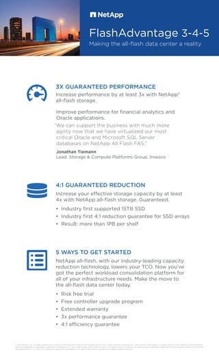 FlashAdvantage 3-4-5
Making the all-ﬂash data center a reality
3X GUARANTEED PERFORMANCE
Increase performance by at least 3x with NetApp®
all-ﬂash storage.
4:1 GUARANTEED REDUCTION
Increase your effective storage capacity by at least
4x with NetApp all-ﬂash storage. Guaranteed.
• Industry ﬁrst supported 15TB SSD
• Industry ﬁrst 4:1 reduction guarantee for SSD arrays
• Result: more than 1PB per shelf
5 WAYS TO GET STARTED
NetApp all-ﬂash, with our industry-leading capacity
reduction technology, lowers your TCO. Now you’ve
got the perfect workload consolidation platform for
all of your infrastructure needs. Make the move to
the all-ﬂash data center today.
• Risk free trial
• Free controller upgrade program
• Extended warranty
• 3x performance guarantee
• 4:1 efficiency guarantee
Improve performance for ﬁnancial analytics and
Oracle applications.
“We can support the business with much more
agility now that we have virtualized our most
critical Oracle and Microsoft SQL Server
databases on NetApp All Flash FAS.”
Jonathan Tiemann
Lead, Storage & Compute Platforms Group, Invesco
© 2016 NetApp, Inc. All rights reserved. No portions of this document may be reproduced without prior written consent of NetApp, Inc. Speciﬁcations are subject to change without notice. NetApp and the NetApp
logo are trademarks or registered trademarks of NetApp Inc., in the United States and/or other countries. All other brands or products are trademarks or registered trademarks of their respective holders and should
be treated as such. A current list of NetApp trademarks is available on the web at http://www.netapp.com/us/legal/netapptmlist.aspx.
 
